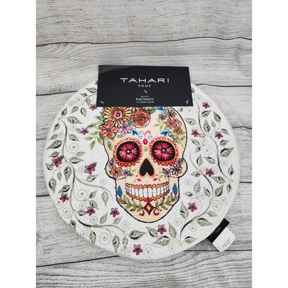 TAHARI HOME PLACEMATS (4) Four DAY OF DEAD SUGAR SKULL FLOWERS NIP Round